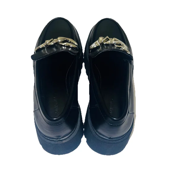 Stradivarius Chunky Lug Sole Loafers Black Gold Chain Platform EU 39/ US 8.5 - Picture 6 of 9